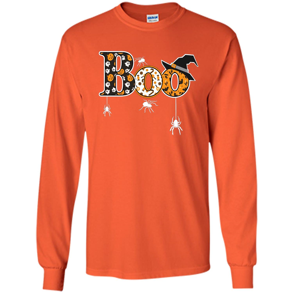 Boo Halloween T-Shirt With Spiders And Witch Hat Orange