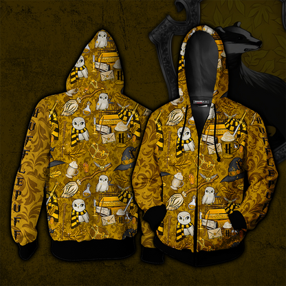 Hogwarts Hufflepuff House Pattern Harry Potter Zip Up Hoodie 4XL
