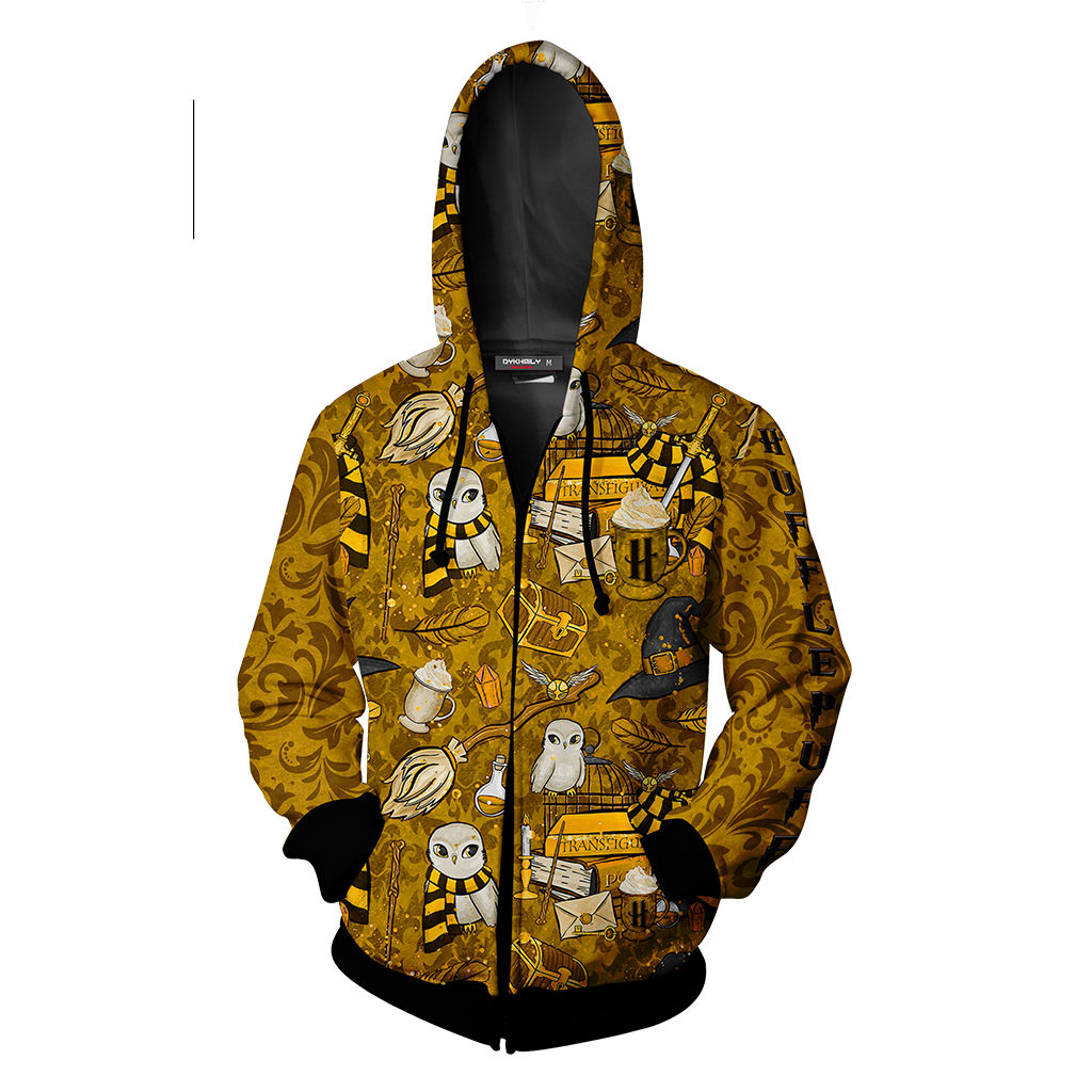 Hogwarts Hufflepuff House Pattern Harry Potter Zip Up Hoodie