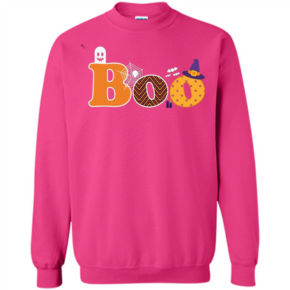 Boo Halloween T-Shirt With Ghost, Spider, Bat and Witch Hat Heliconia