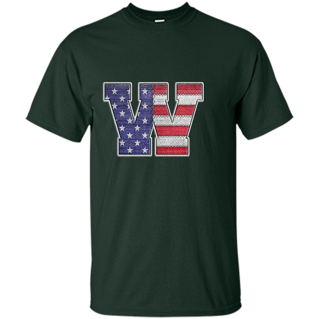 Patriotic T-shirt Letter W American Flag Embroidery Forest Green