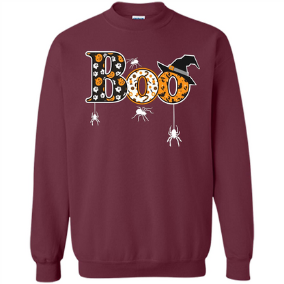 Boo Halloween T-Shirt With Spiders And Witch Hat Maroon