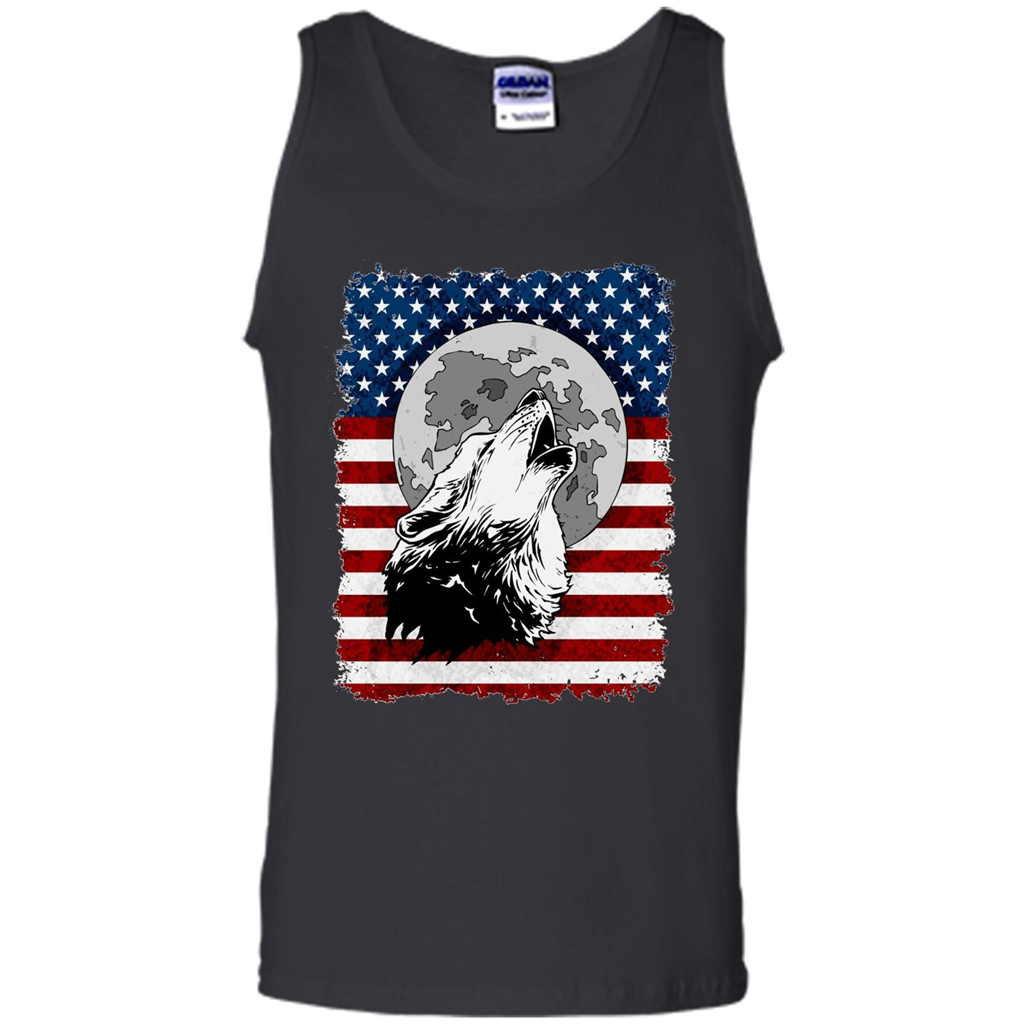 Howling Wolf On American Flag Patriotic T-shirt Black