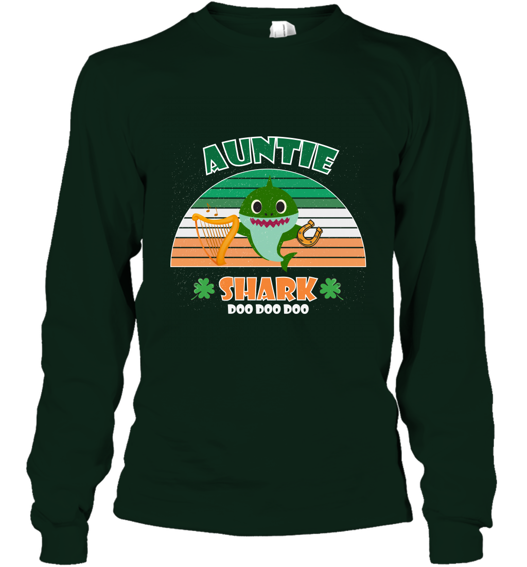 Irish Auntie Shark Saint Patricks Day Family Shirt Long Sleeve T-Shirt Forest Green