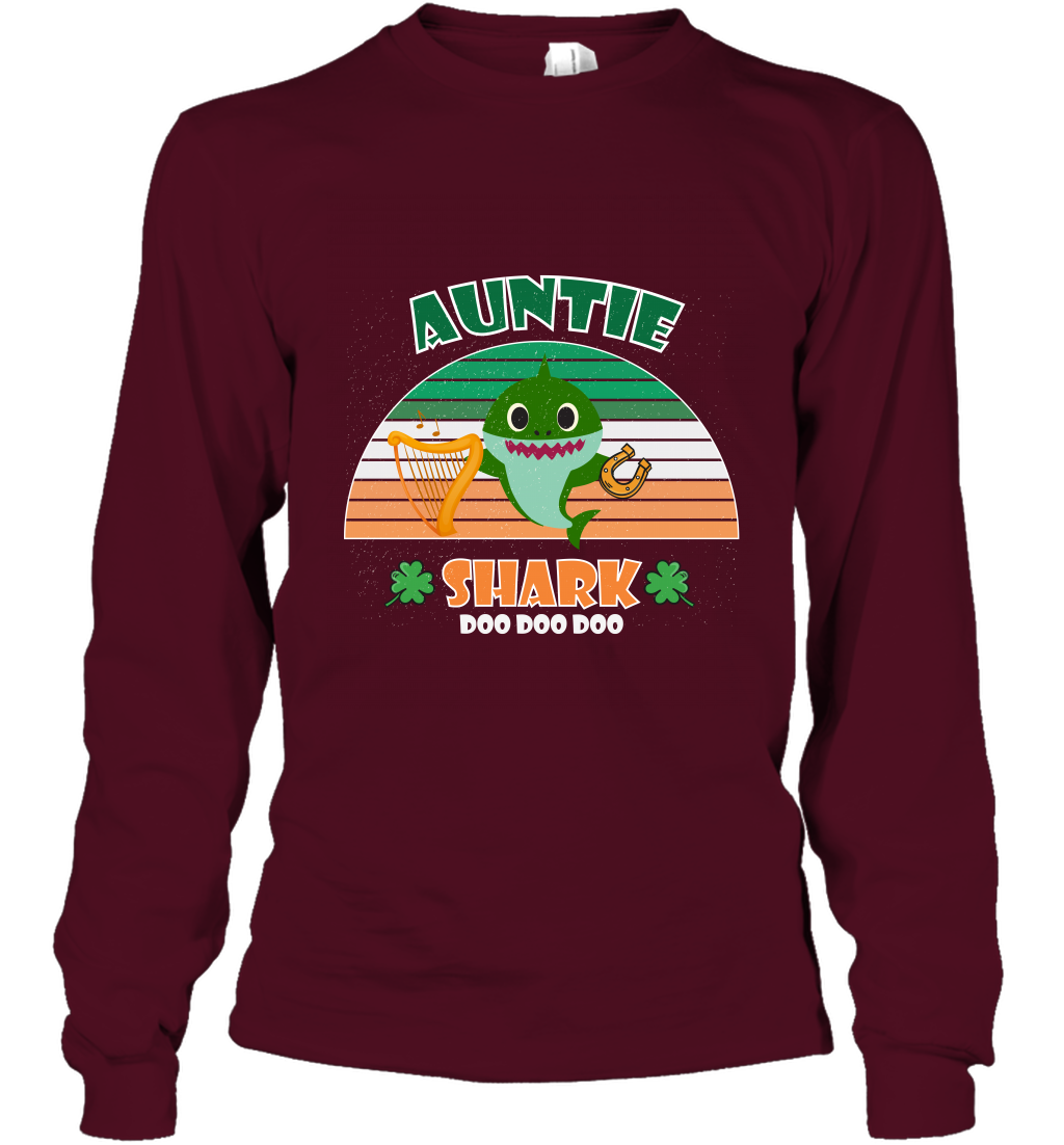 Irish Auntie Shark Saint Patricks Day Family Shirt Long Sleeve T-Shirt Maroon
