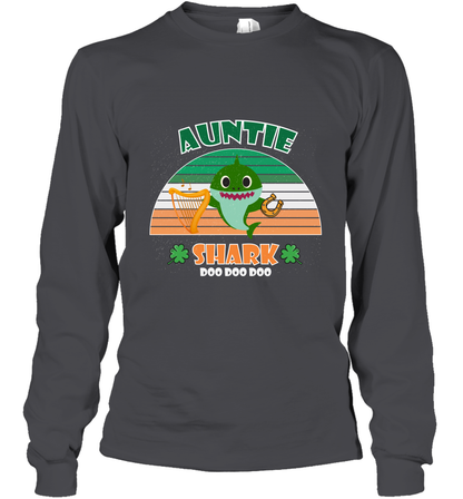Irish Auntie Shark Saint Patricks Day Family Shirt Long Sleeve T-Shirt Dark Heather