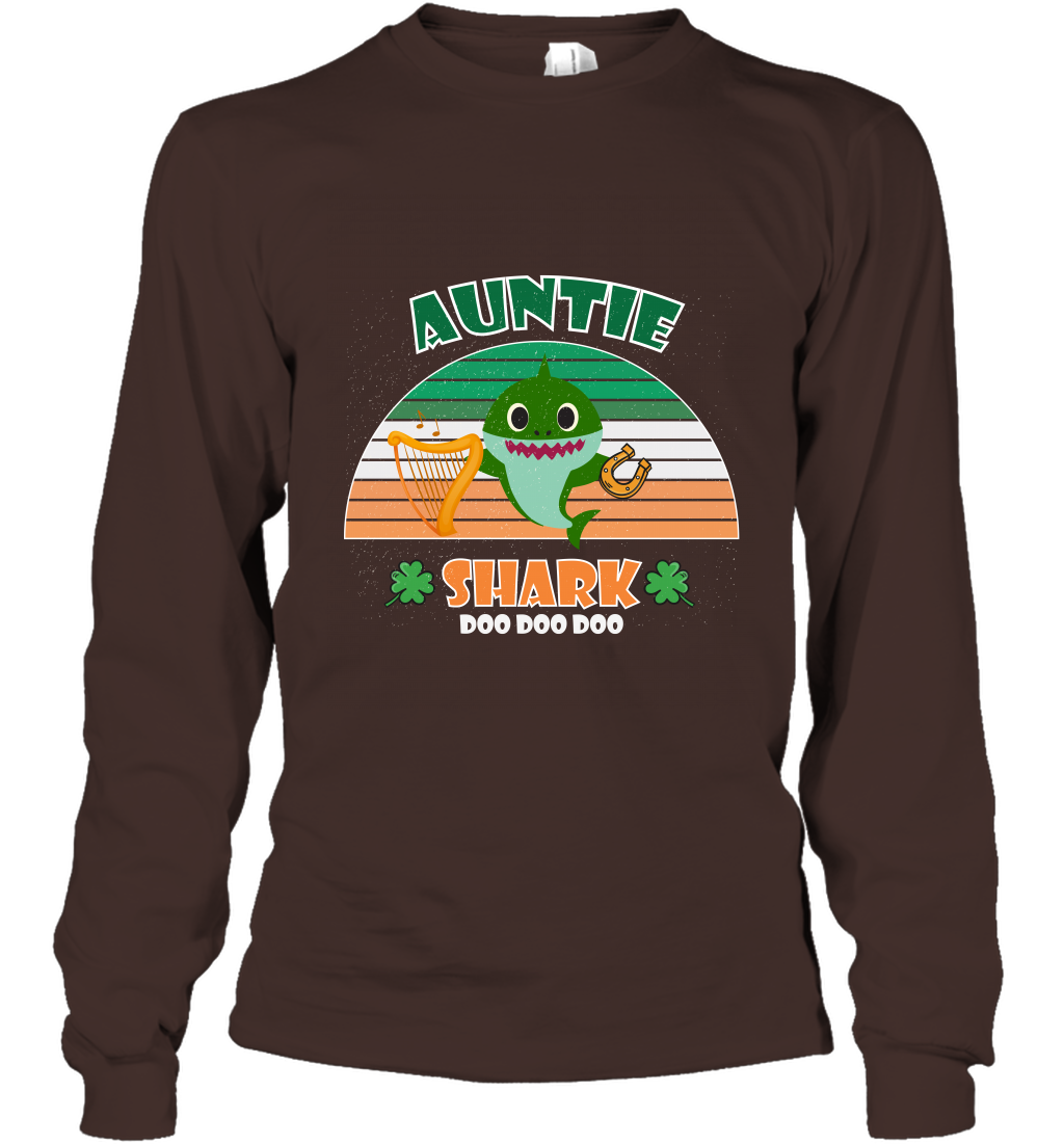 Irish Auntie Shark Saint Patricks Day Family Shirt Long Sleeve T-Shirt Dark Chocolate