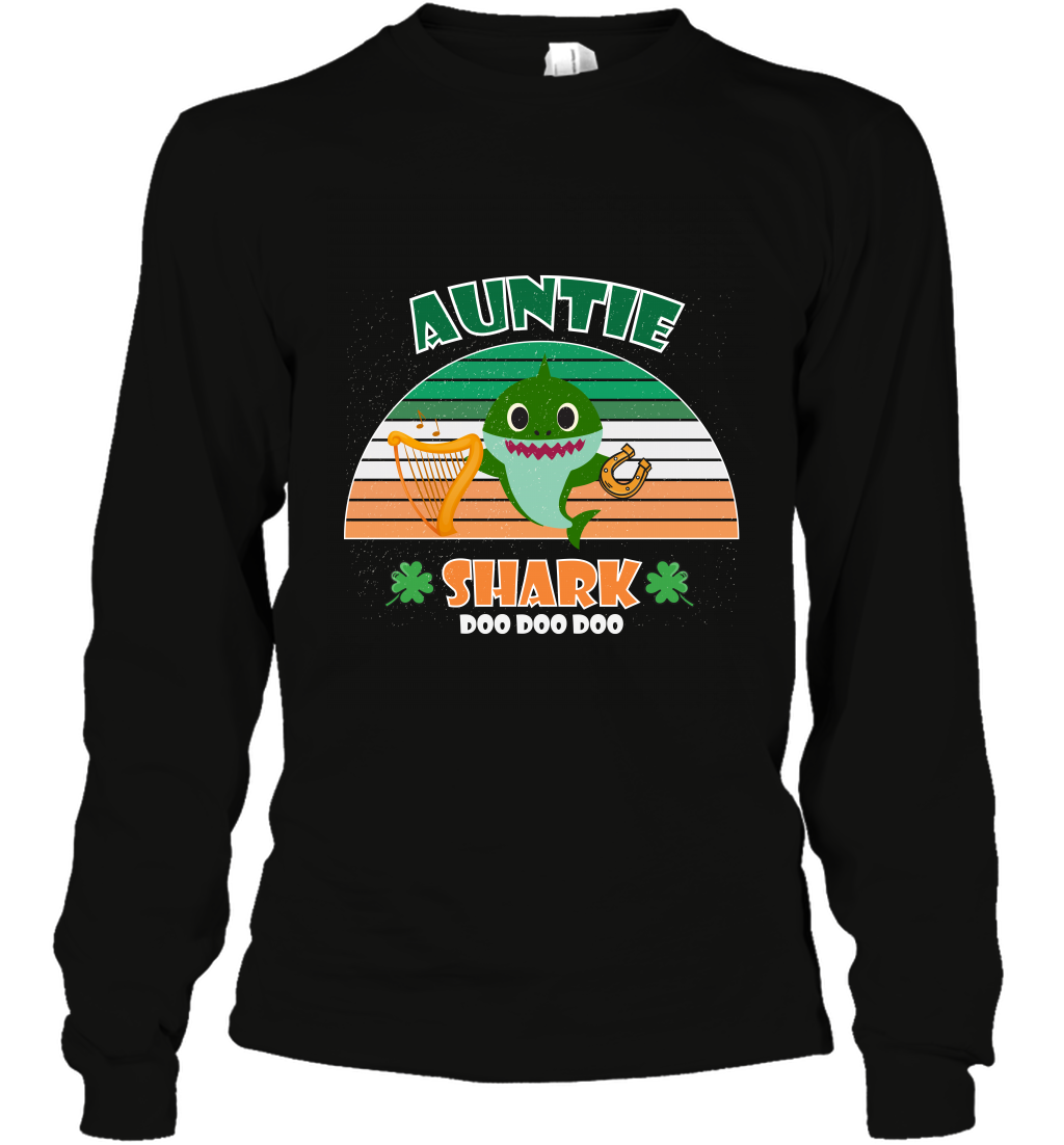 Irish Auntie Shark Saint Patricks Day Family Shirt Long Sleeve T-Shirt Black