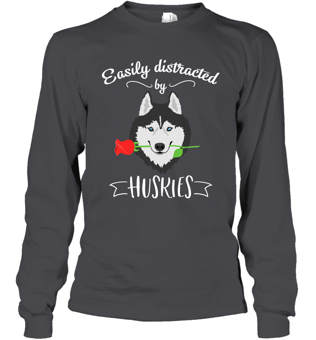 Easily Distracted By Huskies Shirt Long Sleeve T-Shirt Long Sleeve T-Shirt Dark Heather