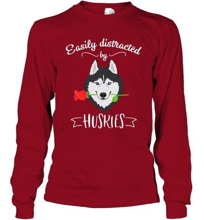 Easily Distracted By Huskies Shirt Long Sleeve T-Shirt Long Sleeve T-Shirt Cardinal Red