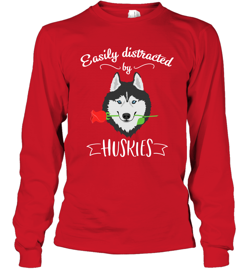 Easily Distracted By Huskies Shirt Long Sleeve T-Shirt Long Sleeve T-Shirt Red