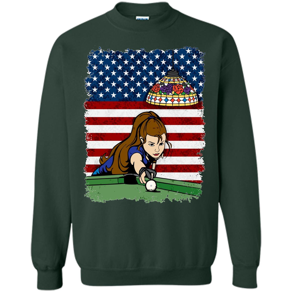 Female Pool Player on American Flag Patriotic T-shirt Forest Green