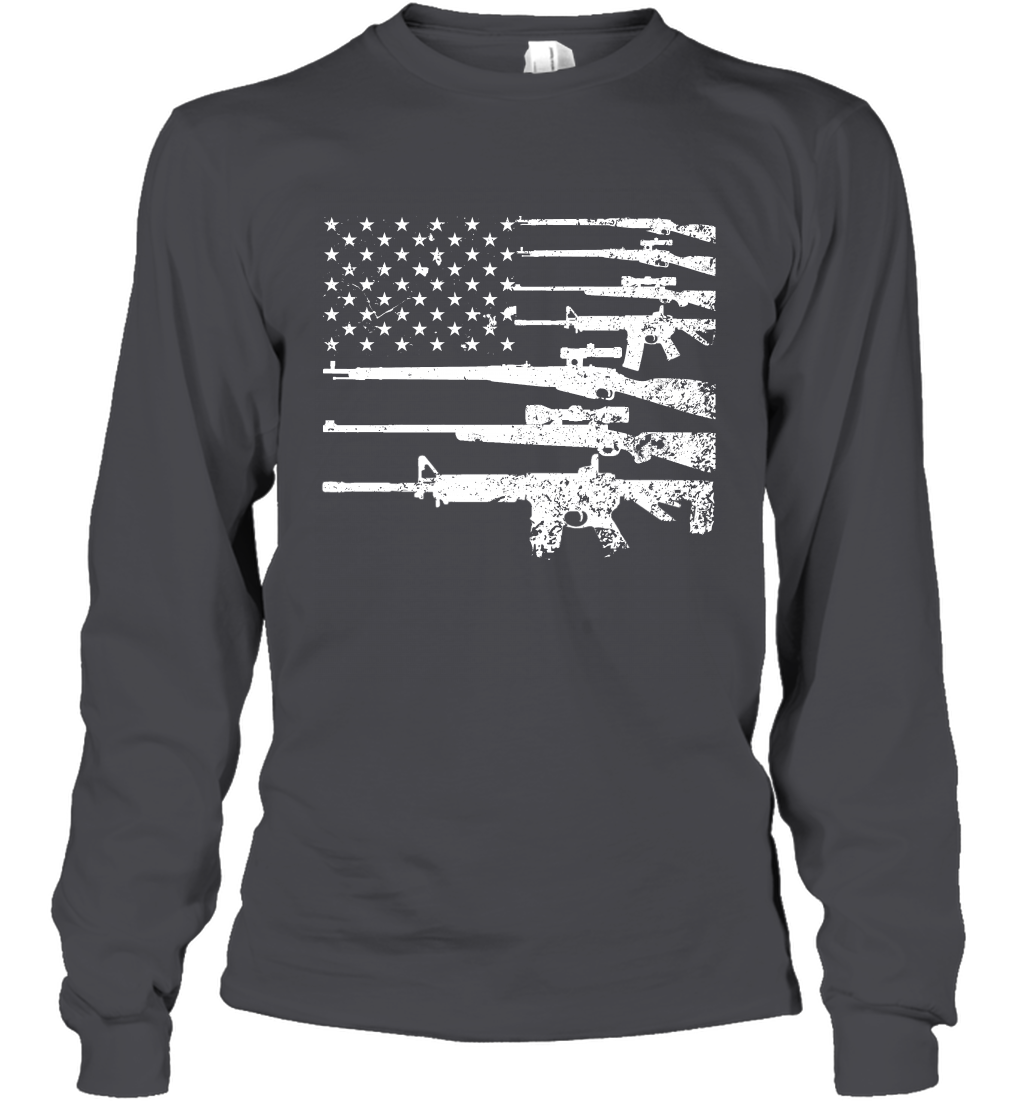 Gun US Flag Veteran Miltary Shirt Long Sleeve T-Shirt Long Sleeve T-Shirt Dark Heather