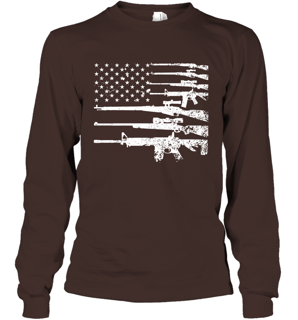 Gun US Flag Veteran Miltary Shirt Long Sleeve T-Shirt Long Sleeve T-Shirt Dark Chocolate