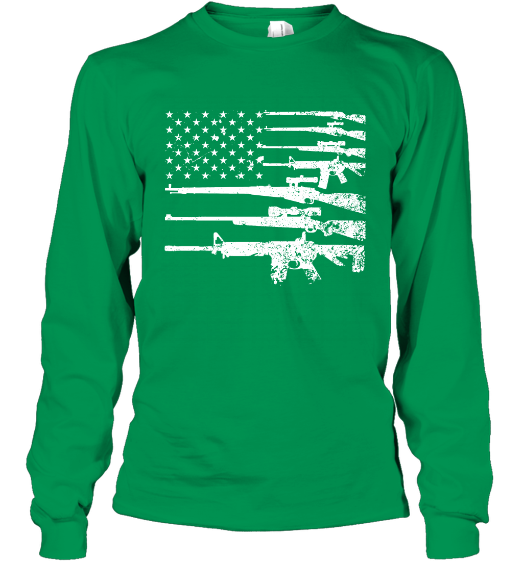 Gun US Flag Veteran Miltary Shirt Long Sleeve T-Shirt Long Sleeve T-Shirt Irish Green