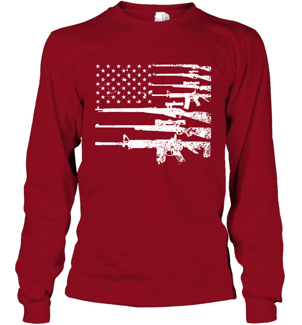 Gun US Flag Veteran Miltary Shirt Long Sleeve T-Shirt Long Sleeve T-Shirt Cardinal Red