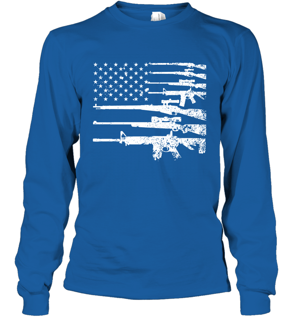 Gun US Flag Veteran Miltary Shirt Long Sleeve T-Shirt Long Sleeve T-Shirt Royal