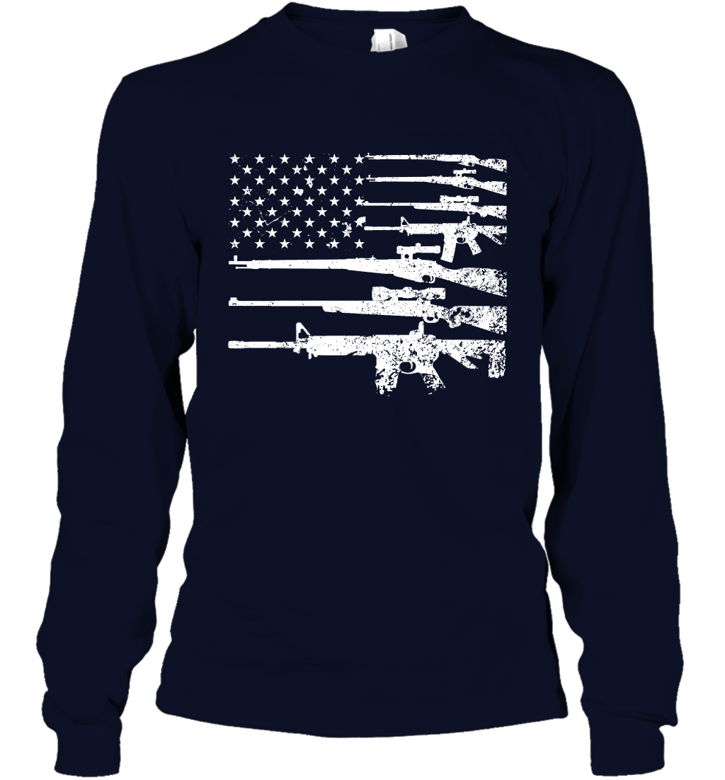 Gun US Flag Veteran Miltary Shirt Long Sleeve T-Shirt Long Sleeve T-Shirt Navy