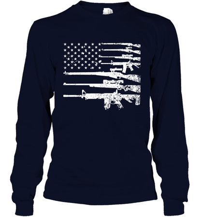 Gun US Flag Veteran Miltary Shirt Long Sleeve T-Shirt Long Sleeve T-Shirt Navy