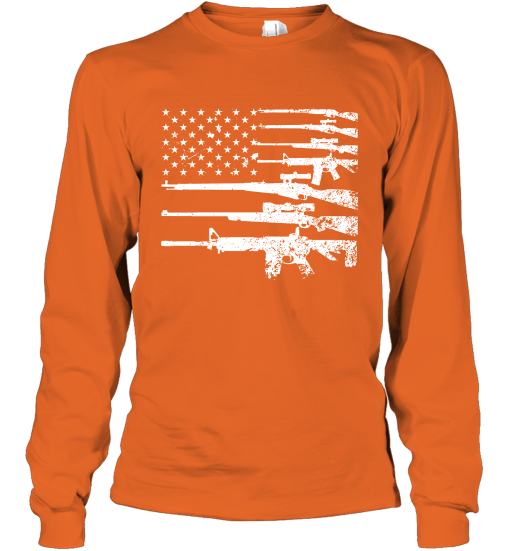 Gun US Flag Veteran Miltary Shirt Long Sleeve T-Shirt Long Sleeve T-Shirt Orange