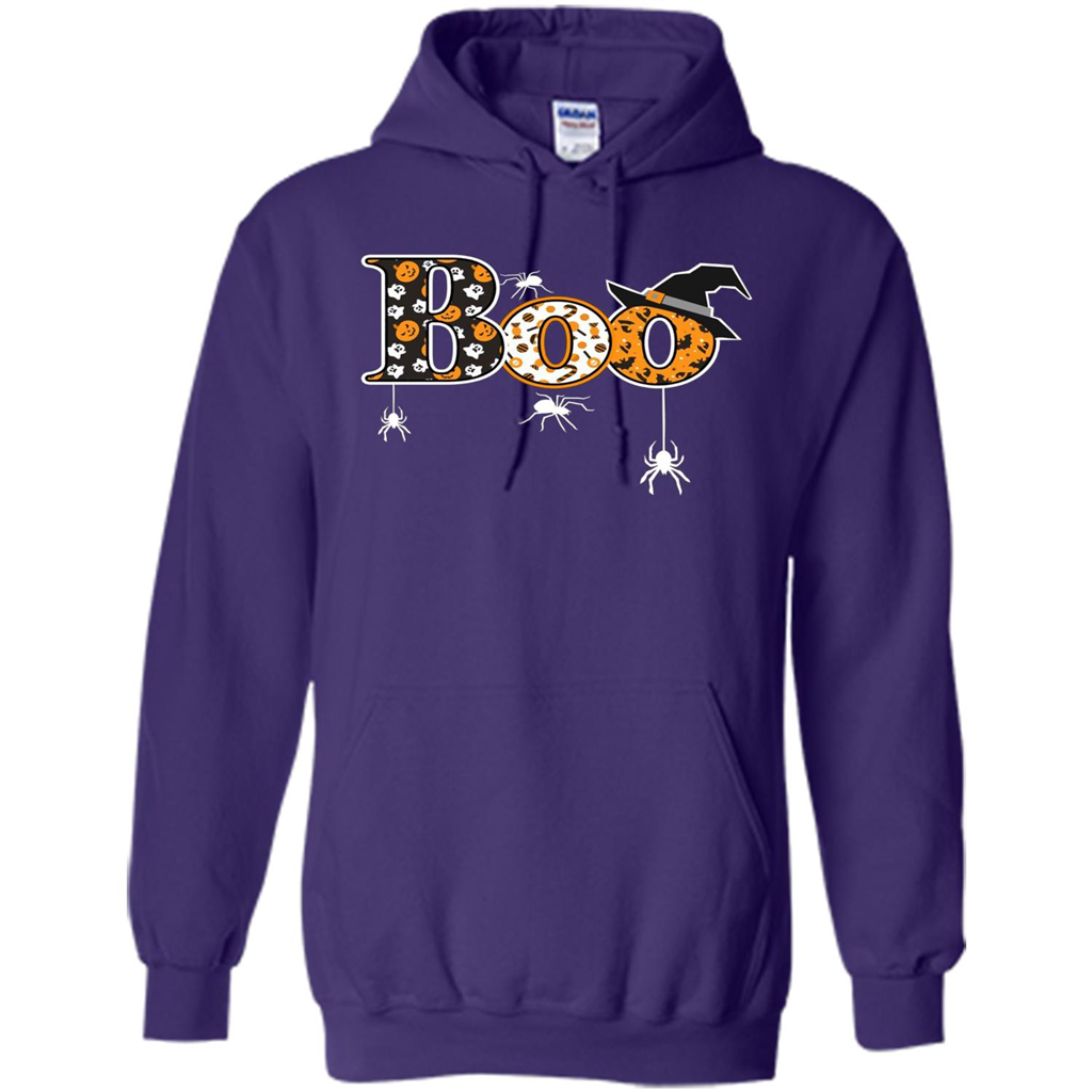Boo Halloween T-Shirt With Spiders And Witch Hat Purple