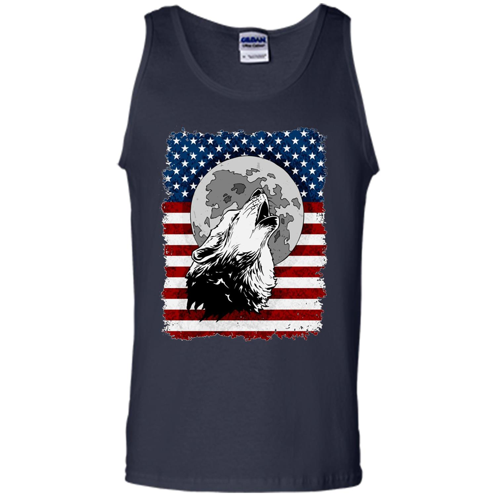 Howling Wolf On American Flag Patriotic T-shirt Navy
