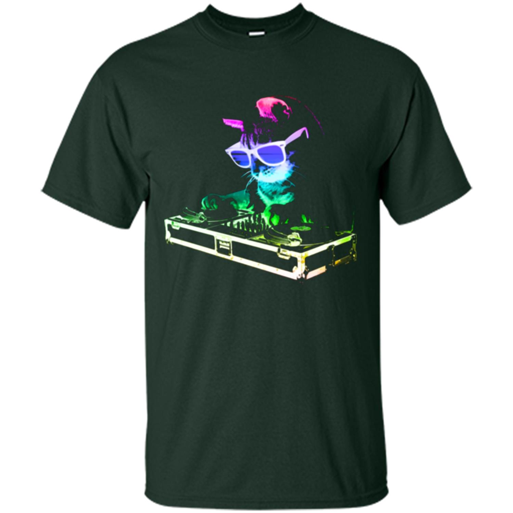 Cat Lover T-shirt House Cat Rainbow DJ Kitty Forest Green