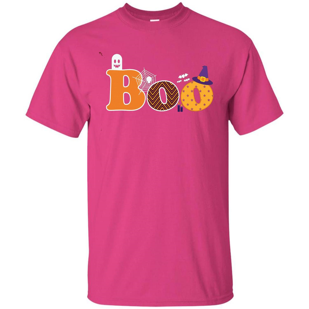 Boo Halloween T-Shirt With Ghost, Spider, Bat and Witch Hat Heliconia