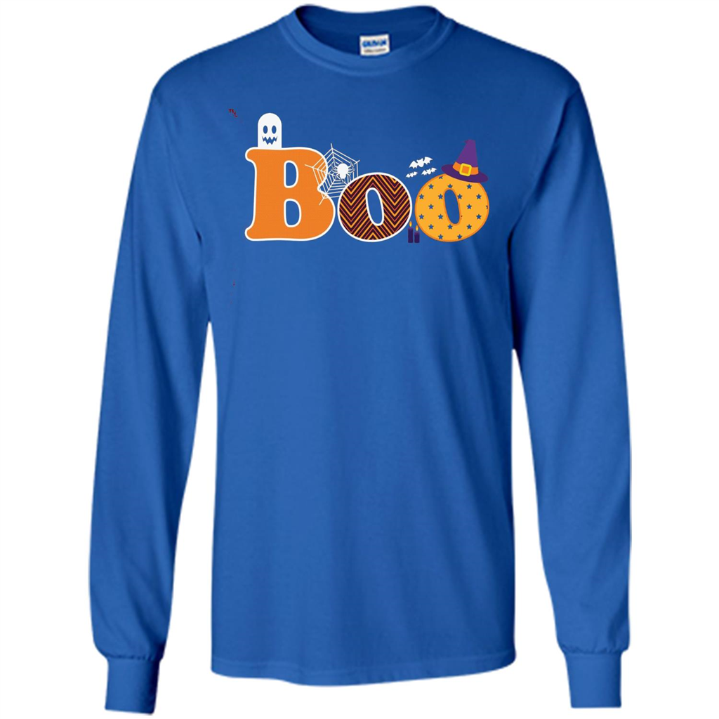 Boo Halloween T-Shirt With Ghost, Spider, Bat and Witch Hat Royal