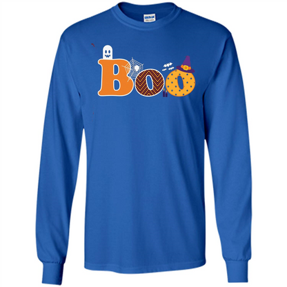 Boo Halloween T-Shirt With Ghost, Spider, Bat and Witch Hat Royal