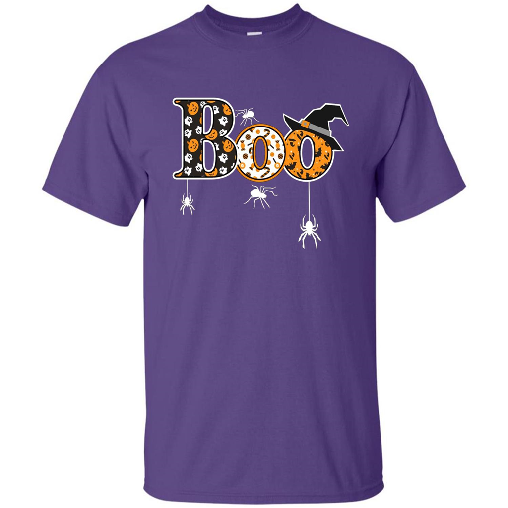 Boo Halloween T-Shirt With Spiders And Witch Hat Purple