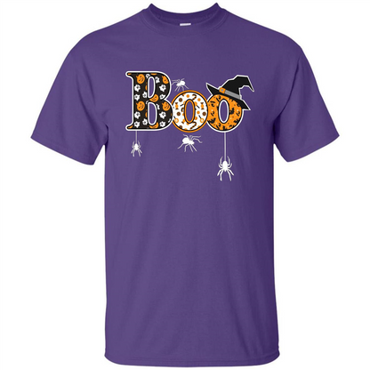 Boo Halloween T-Shirt With Spiders And Witch Hat Purple