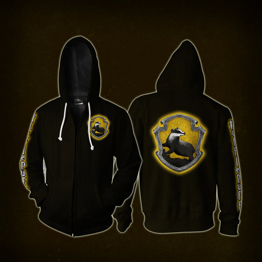 Hufflepuff Logo (Harry Potter) (Black) 3D Zip Up Hoodie