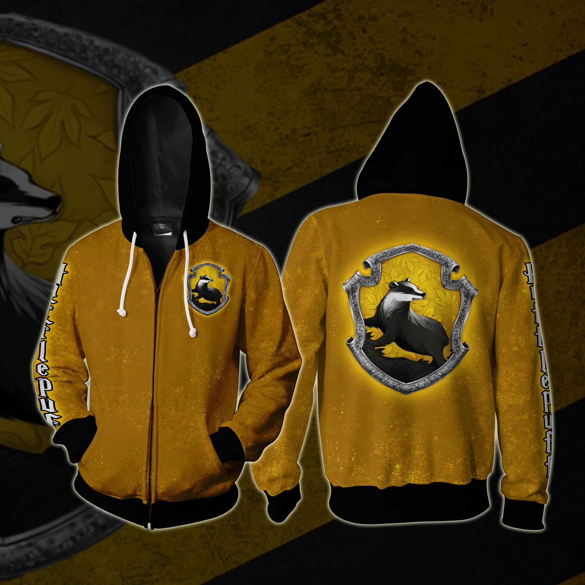 Hufflepuff Logo (Harry Potter) (Black Hood) 3D Zip Up Hoodie 4XL