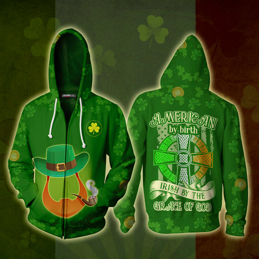 American By Birth Irish By The Grace Of God St.Patrick's Day Zip Up Hoodie 4XL