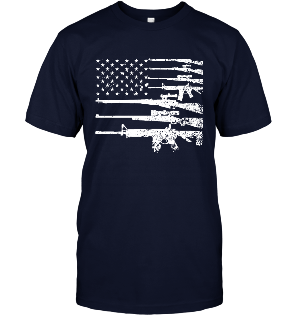 Gun US Flag Veteran Miltary Shirt T-Shirt T-Shirt Navy