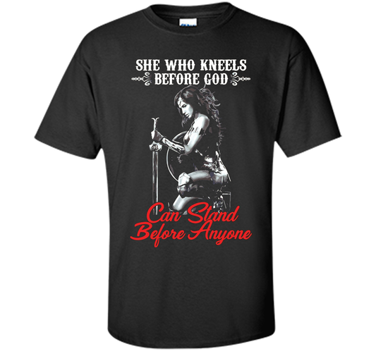Wonder Woman T-shirt She Who Kneels Before God Can Stand Before Anyone Black