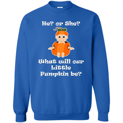 He Or She What Will Little Pumpkin Be Baby Shower T-shirt Royal