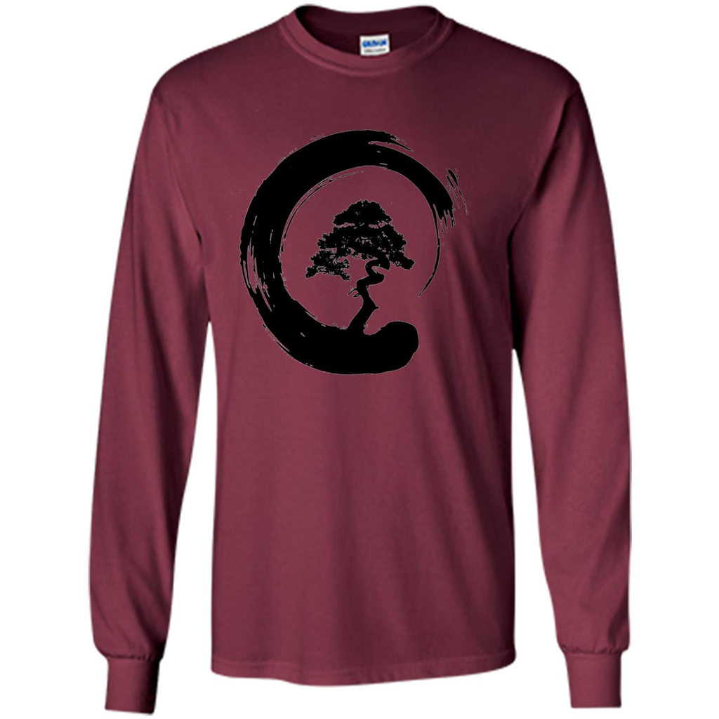 Bonsai Tree in Enso Circle - Buddhist Zen Calligraphy t-hirt Maroon