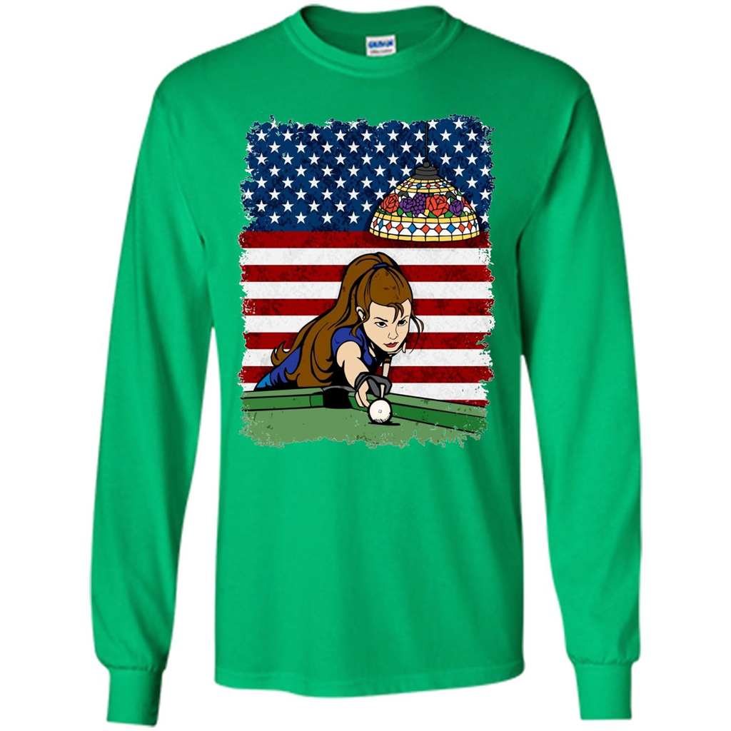 Female Pool Player on American Flag Patriotic T-shirt Irish Green