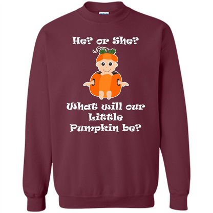 He Or She What Will Little Pumpkin Be Baby Shower T-shirt Maroon