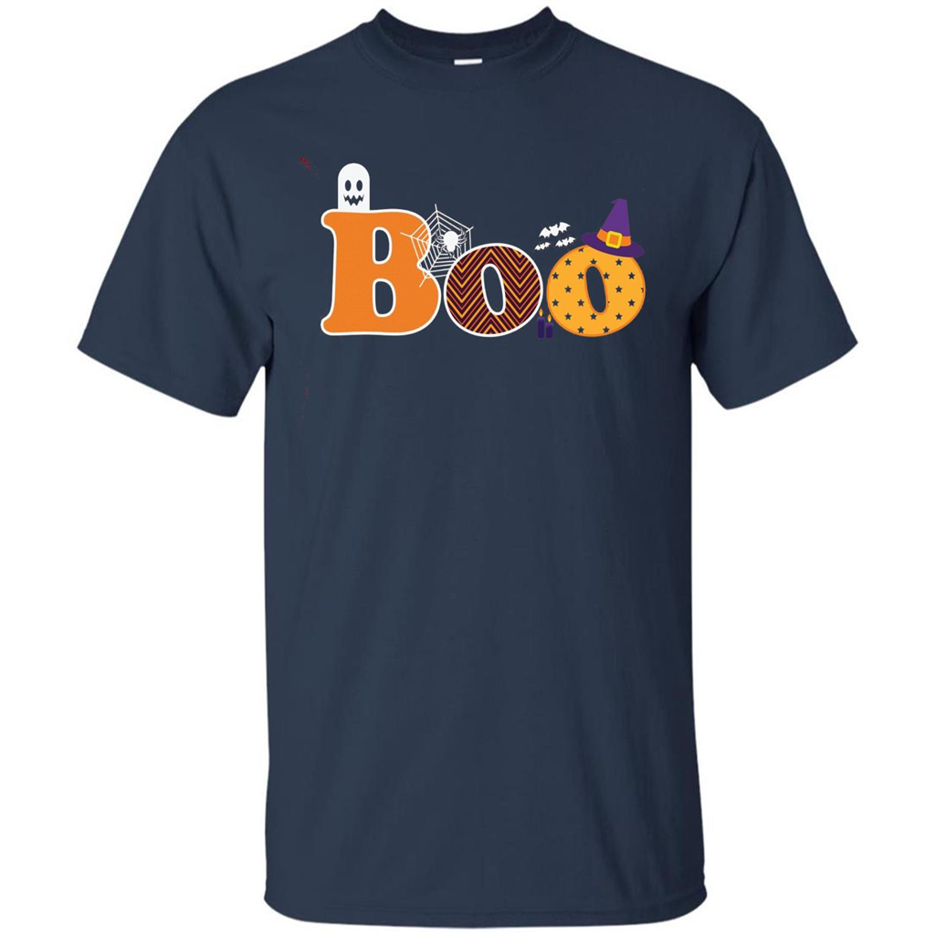 Boo Halloween T-Shirt With Ghost, Spider, Bat and Witch Hat Navy