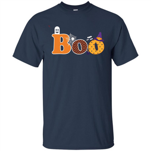 Boo Halloween T-Shirt With Ghost, Spider, Bat and Witch Hat