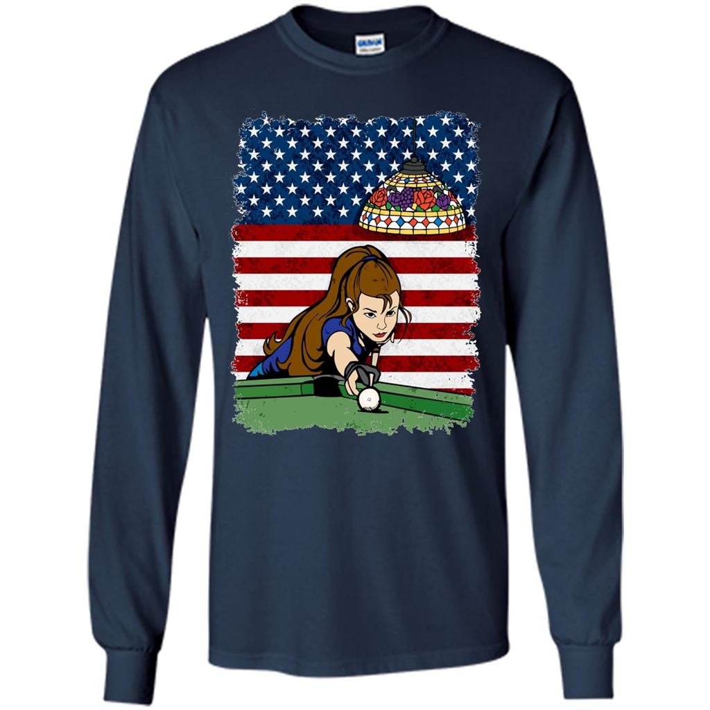 Female Pool Player on American Flag Patriotic T-shirt Navy