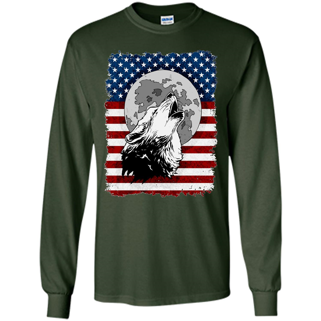 Howling Wolf On American Flag Patriotic T-shirt Forest Green