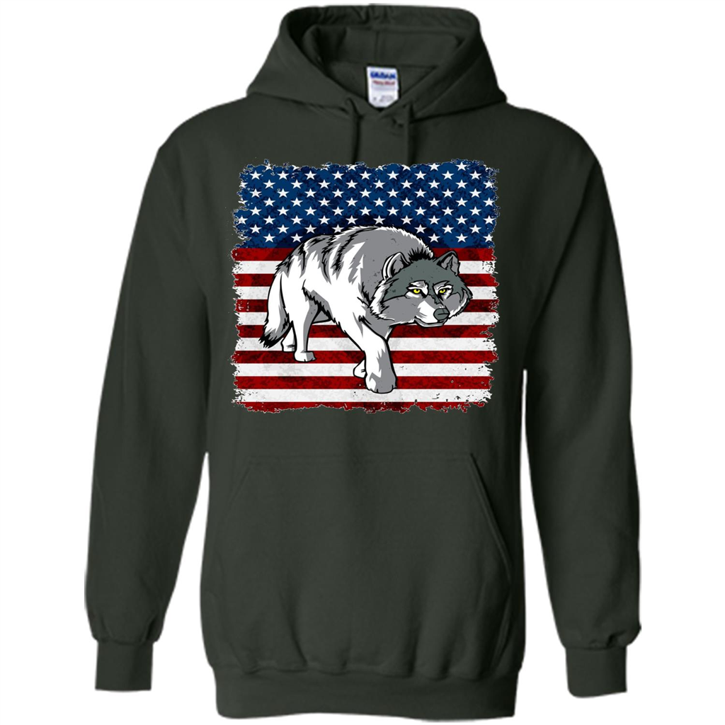 Independence Day T-shirt Grey Wolf On American Flag Patriotic Forest Green
