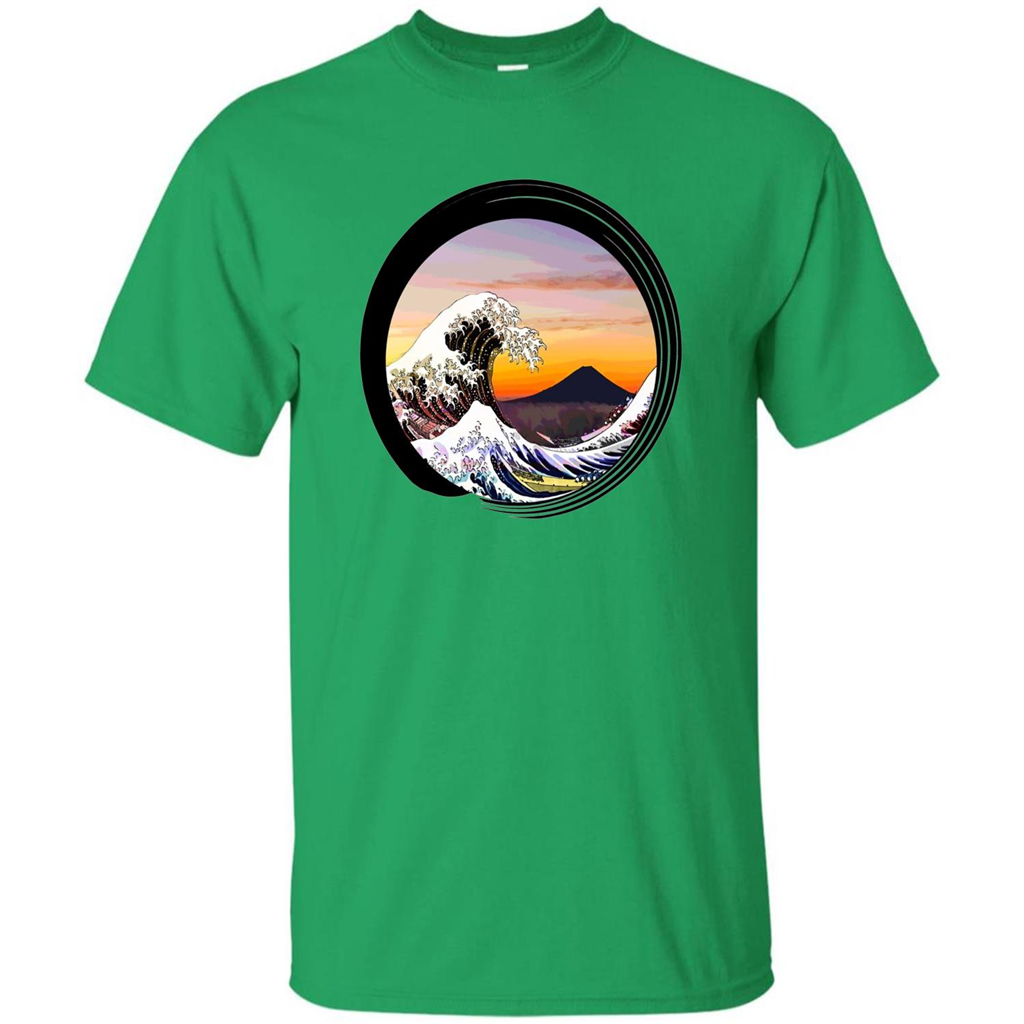 Classic Japanese Zen Art T-shirt, Kanagawa Great Wave Enso Irish Green