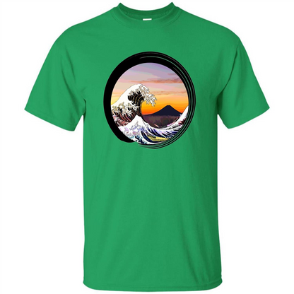 Classic Japanese Zen Art T-shirt, Kanagawa Great Wave Enso Irish Green