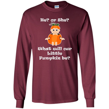 He Or She What Will Little Pumpkin Be Baby Shower T-shirt Maroon