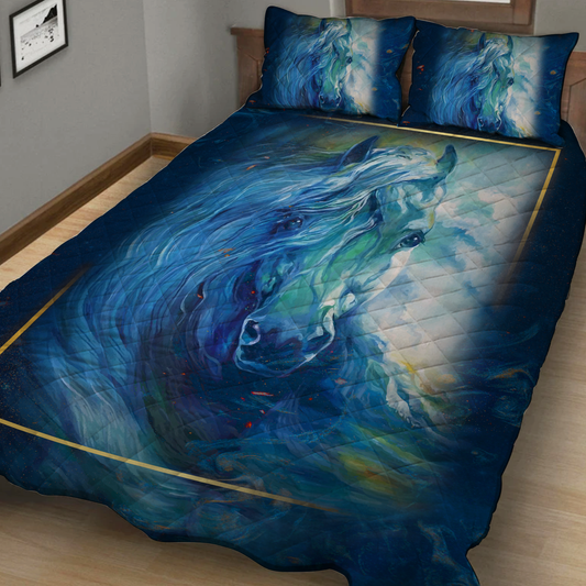 Aesthetic Blue Wave Horse 3D Quilt Set Quilt Set